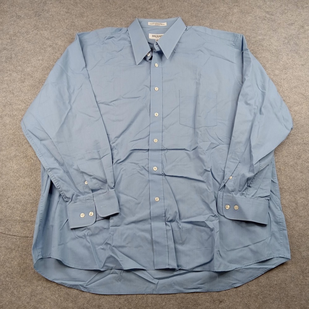 Balmain Dress Shirt Mens 18.5 34/35 Blue Solid Cotton Blend Long Sleeve Business